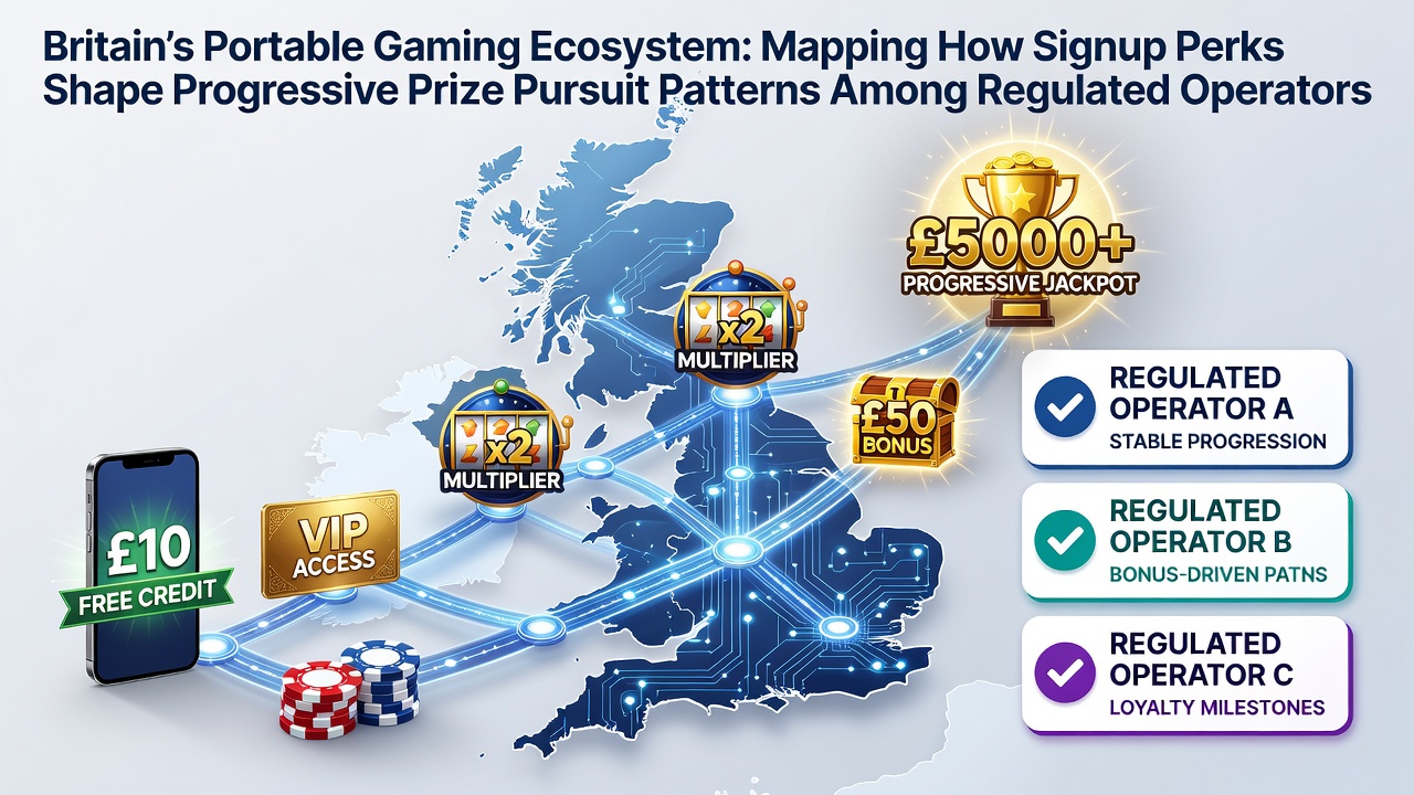 Overview of Britain's mobile gaming platforms showing signup bonus interfaces and progressive jackpot displays on regulated operator apps