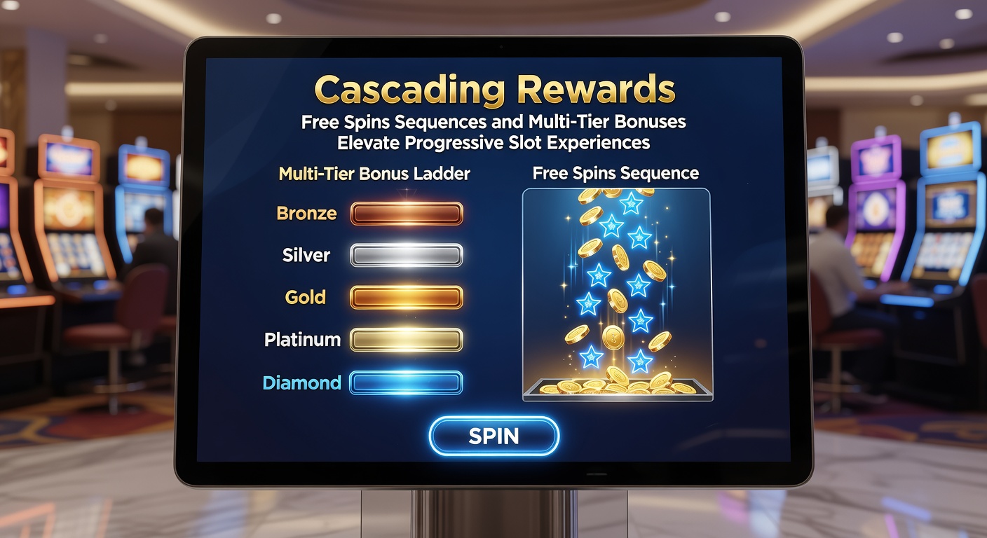 Multi-tier bonus wheel spinning with escalating jackpot levels, cascading symbols feeding into higher reward tiers