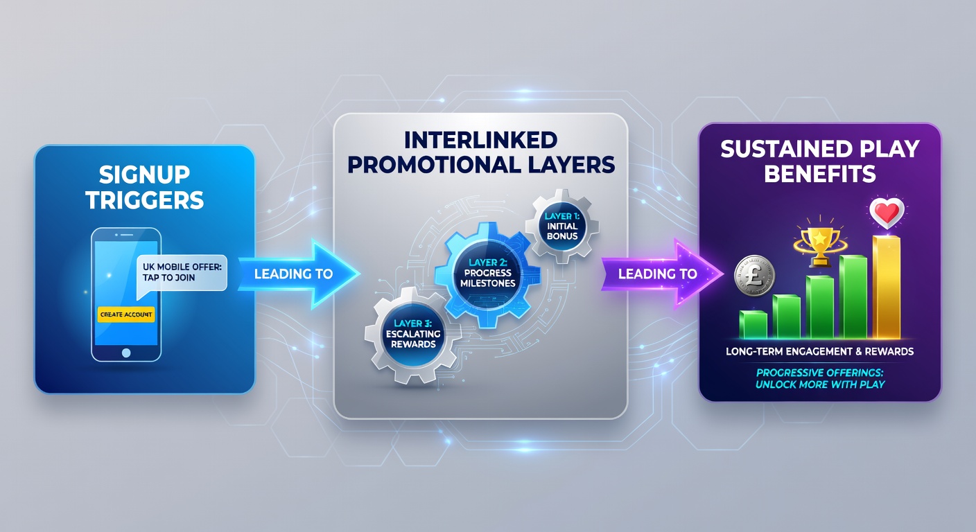 Visual breakdown of layered signup incentives flowing into ongoing progressive rewards on mobile platforms