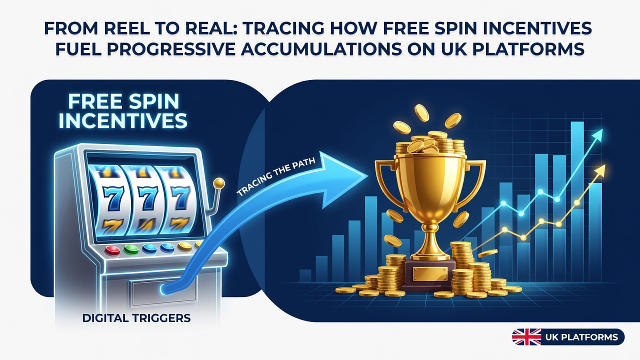 Visual representation of online slot reels transitioning into progressive jackpot accumulations fueled by free spin incentives on UK platforms