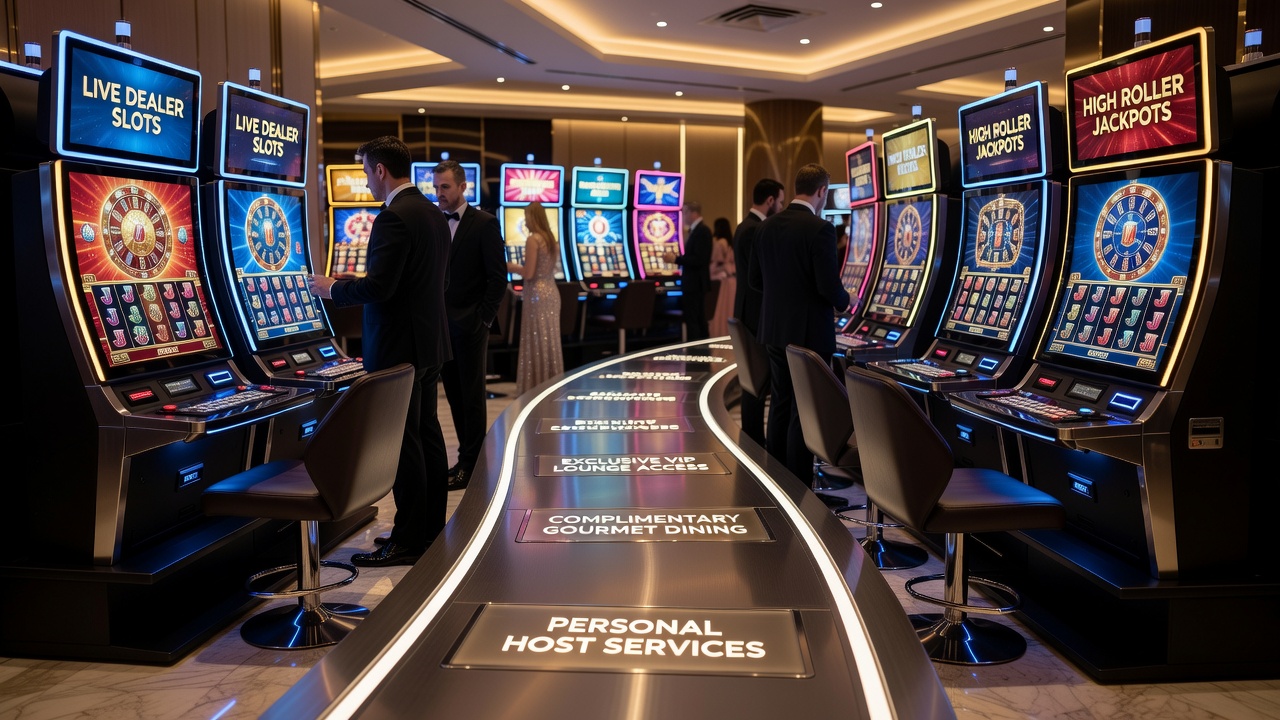 High roller engaging with integrated live casino slot terminal showing real-time dealer interaction and bonus meter display