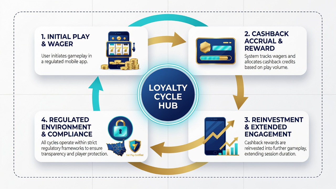 Mobile screen capture illustrating active cashback balance applied to a progressive jackpot game with loyalty tier indicators