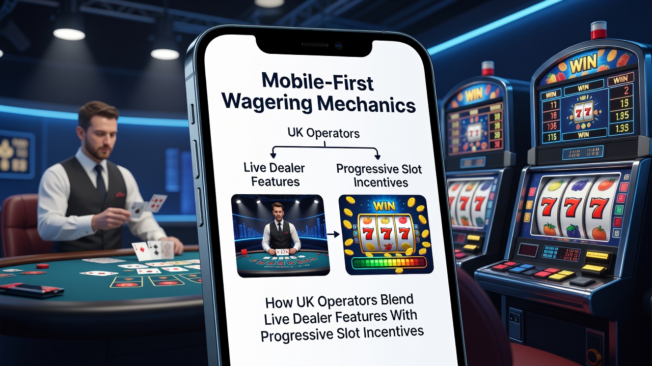 Mobile interface showing live dealer table alongside progressive slot reels on a UK gambling app