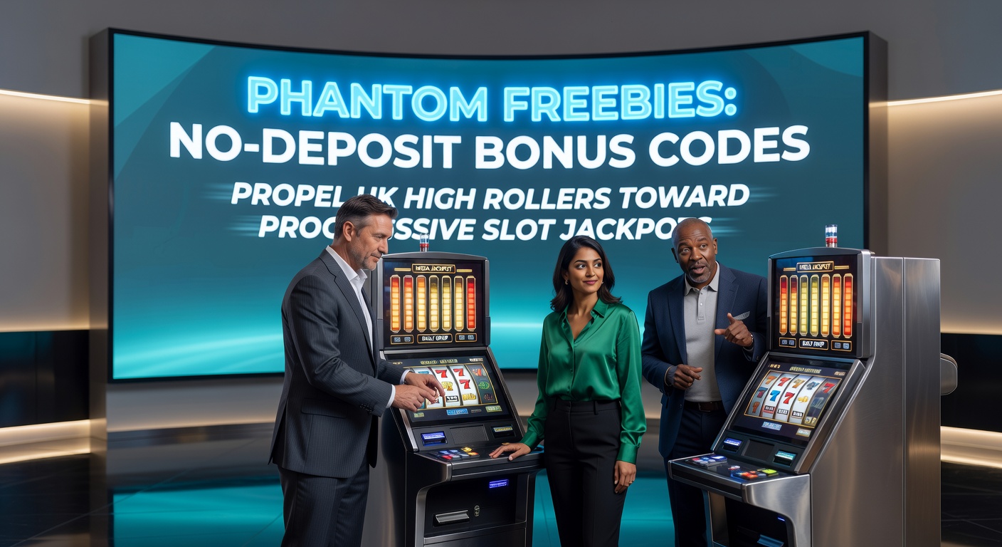 Vibrant digital artwork depicting shadowy phantom freebies transforming into golden jackpot symbols on a progressive slot machine, with UK high roller silhouettes in pursuit