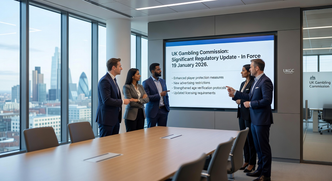 Illustration of online slot reels with stake limit icons and UK flag, representing regulatory changes