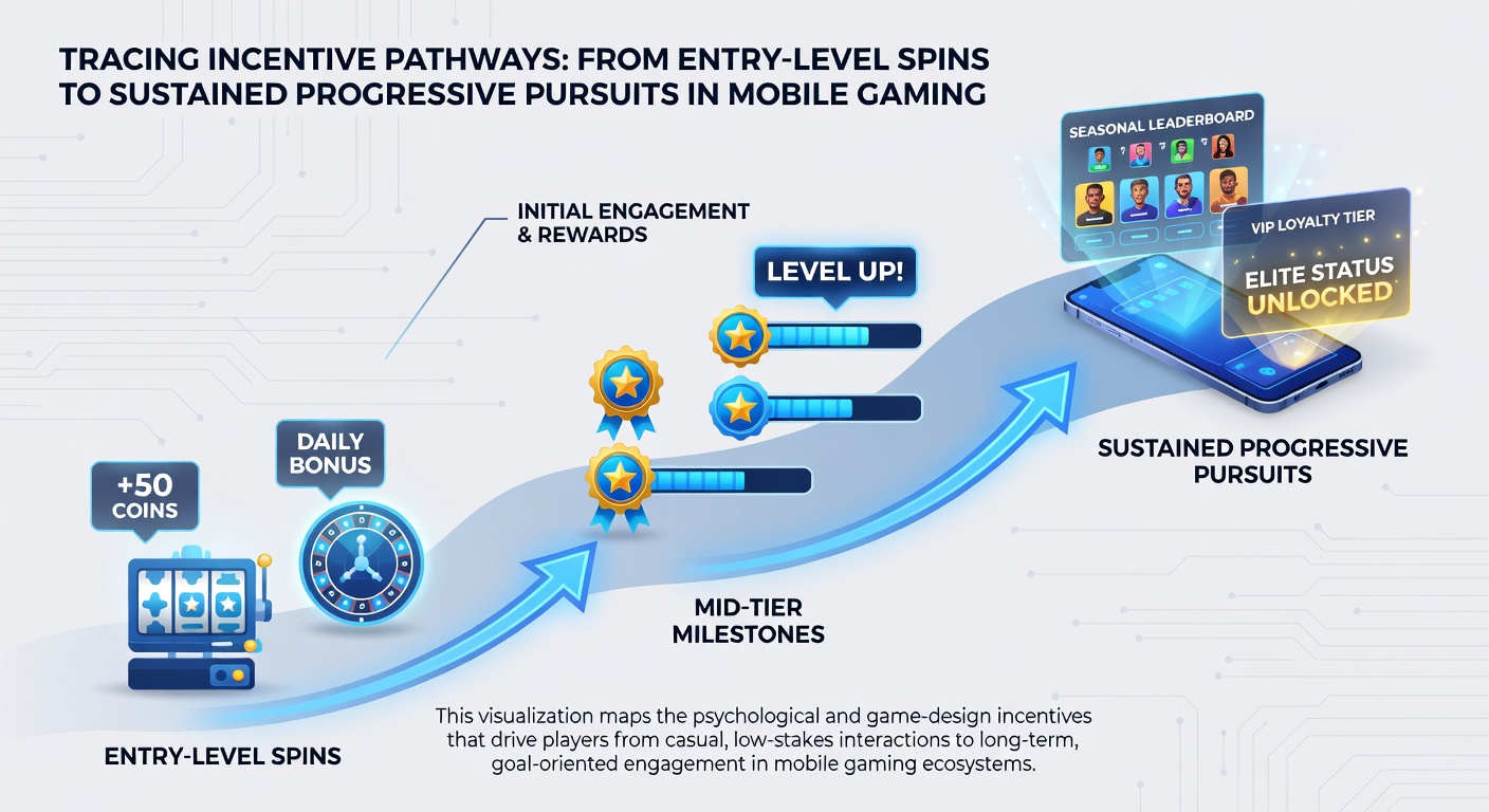 Diagram illustrating sustained progressive pursuits in mobile gaming with data flow from entry spins